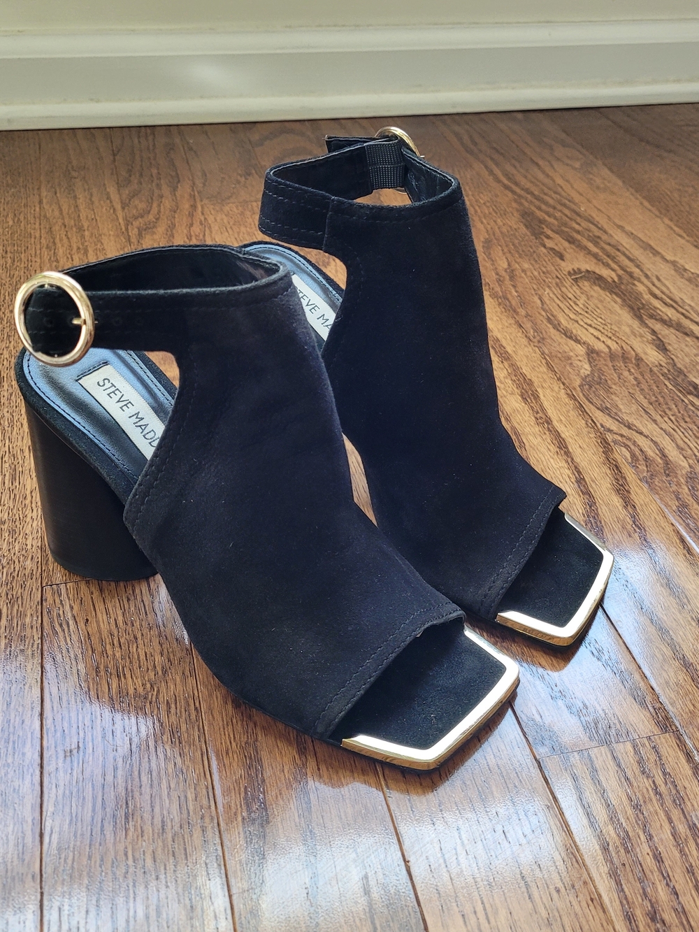 Steve Madden Black Suede Open-Toe Ankle Booties with Gold Accent